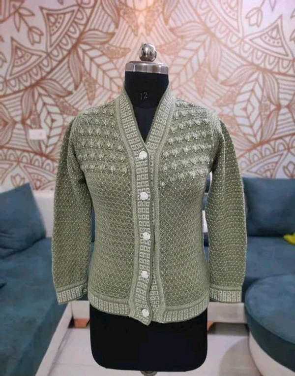 Women's  Pure Wool Self Design Full Sleeve Cardigan - M