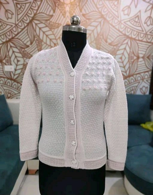Women's  Pure Wool Self Design Full Sleeve Cardigan - M