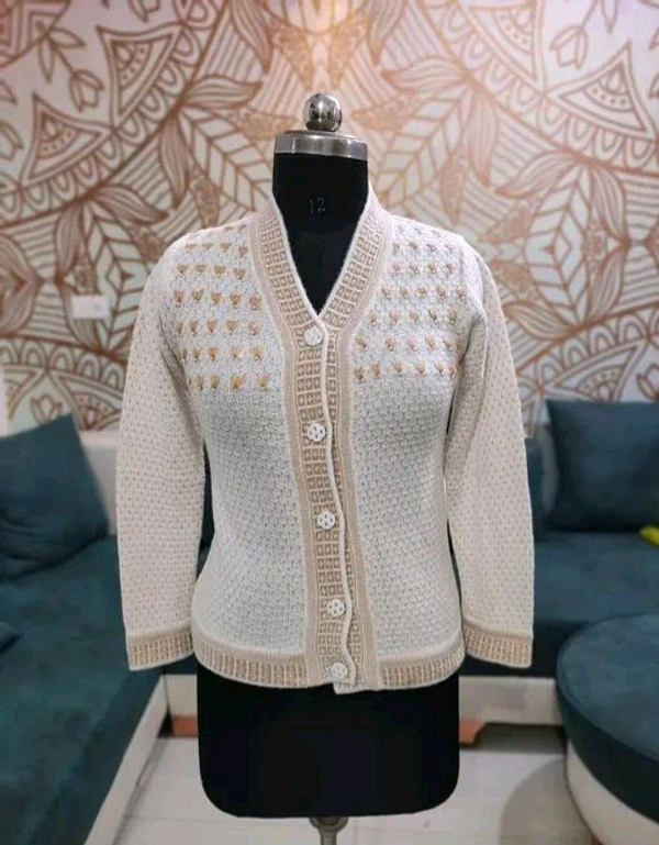 Women's  Pure Wool Self Design Full Sleeve Cardigan - M