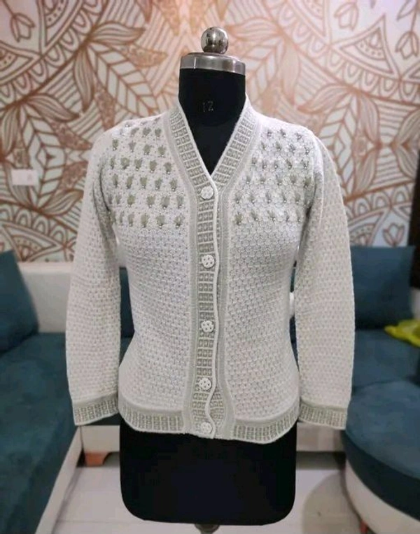 Women's  Pure Wool Self Design Full Sleeve Cardigan - M