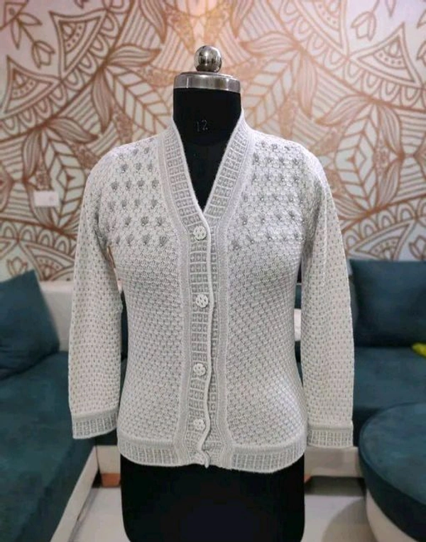 Women's  Pure Wool Self Design Full Sleeve Cardigan - M