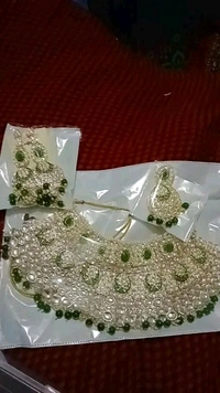 Gold Plated Choker Necklace, Earrings & Mang Tikka Set - Green