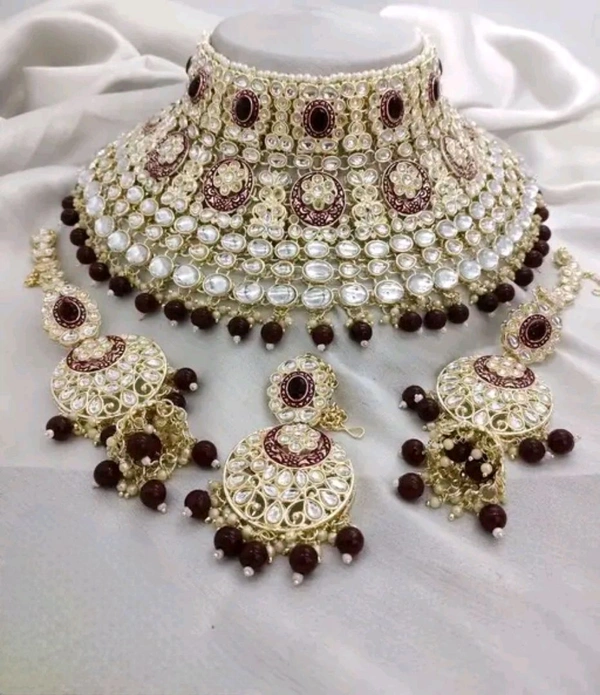 Gold Plated Choker Necklace, Earrings & Mang Tikka Set - Maroon