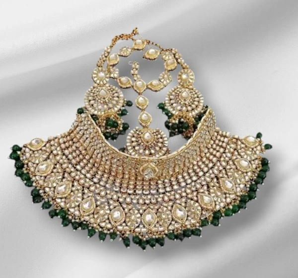 Gold Plated Choker Necklace, Earrings & Mang Tikka Set - Green