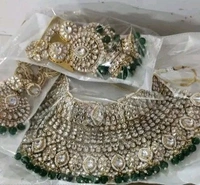 Gold Plated Choker Necklace, Earrings & Mang Tikka Set - Green