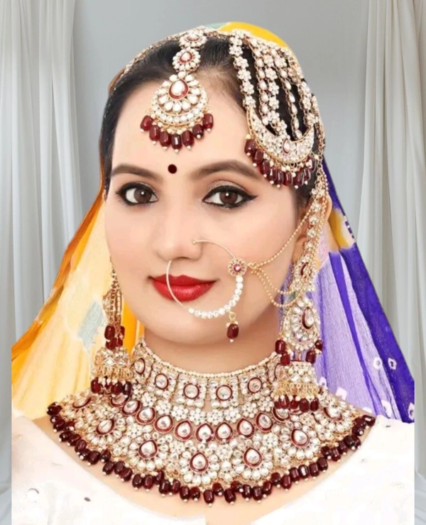 Gold Plated Choker Necklace, Earrings & Mang Tikka Set - Maroon