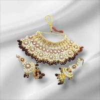 Gold Plated Choker Necklace, Earrings & Mang Tikka Set - Maroon