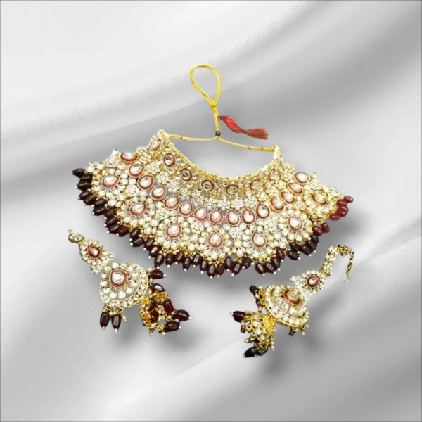 Gold Plated Choker Necklace, Earrings & Mang Tikka Set - Maroon
