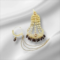 Gold Plated Choker Necklace, Earrings & Mang Tikka Set - Maroon