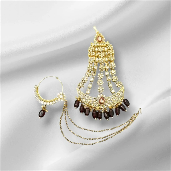 Gold Plated Choker Necklace, Earrings & Mang Tikka Set - Maroon