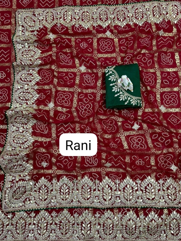 Stunning Ghatchola Print Silk Saree with Rich Gota Embroidery - Rani Colour