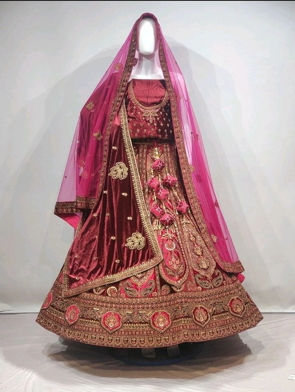 KMD Velvet Maroon Lehenga Choli with Intricate Golden Embroidery