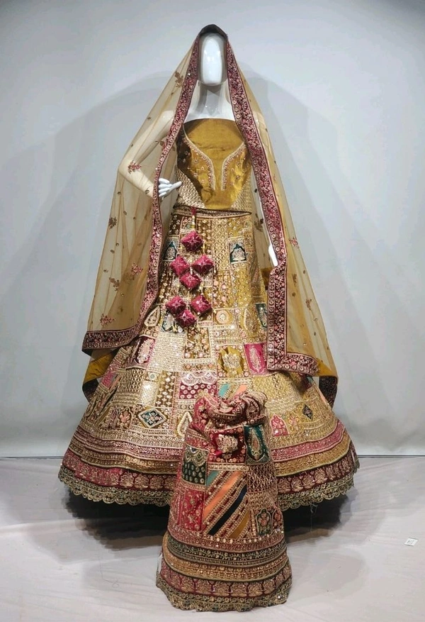 KMD Velvet Yellow Lehenga Choli with Intricate Golden Embroidery