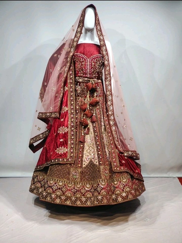 KMD Velvet Red Lehenga Choli with Intricate Golden Embroidery