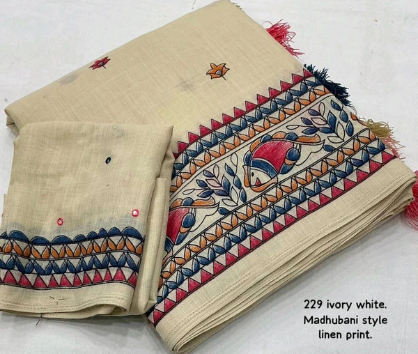 Fashion Hub Soft Linen Saree with Madhubani Prints in Ivory Off-White