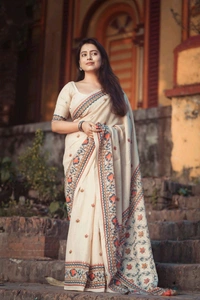 Fashion Hub Soft Linen Saree with Madhubani Prints in Ivory Off-White