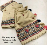 Fashion Hub Soft Linen Saree with Madhubani Prints in Ivory Off-White
