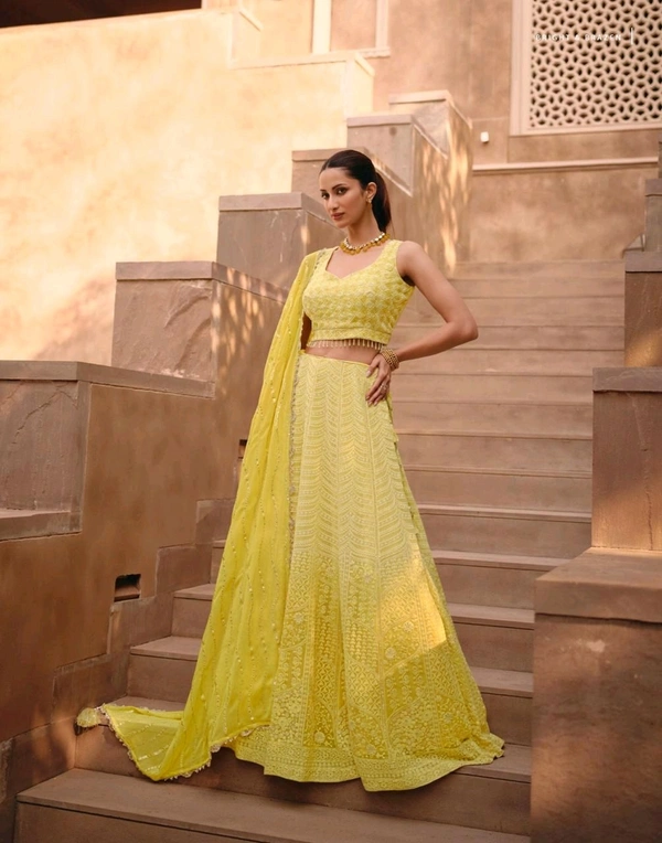 Fashion Hub Embroidery Lehenga Choli Dupatta Set - Neha Collection - Yellow
