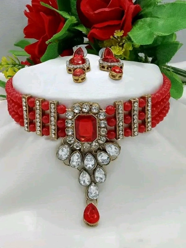 Neha Collection Choker and Earrings Set - Red