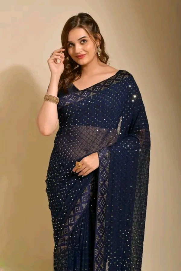 Sana Silk Saree With Blouse Piece - Blue - Navy Blue