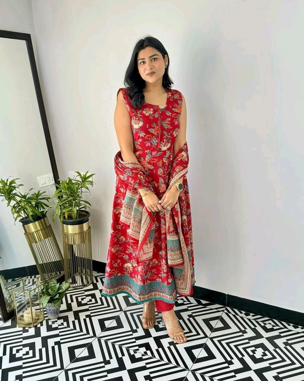 Pooja Creation Trendy Cotton Sleeveless Kurti Set with Jacket, Pant & Dupatta - Red, M