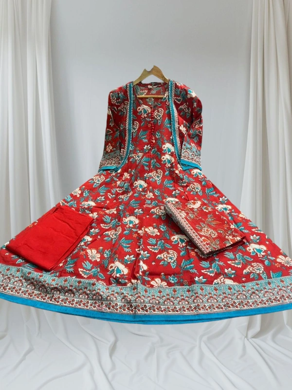 Pooja Creation Trendy Cotton Sleeveless Kurti Set with Jacket, Pant & Dupatta - Red, M