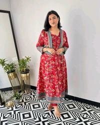 Pooja Creation Trendy Cotton Sleeveless Kurti Set with Jacket, Pant & Dupatta - Red, M