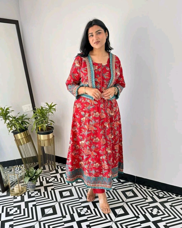 Pooja Creation Trendy Cotton Sleeveless Kurti Set with Jacket, Pant & Dupatta - Red, M
