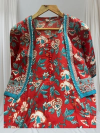 Pooja Creation Trendy Cotton Sleeveless Kurti Set with Jacket, Pant & Dupatta - Red, M