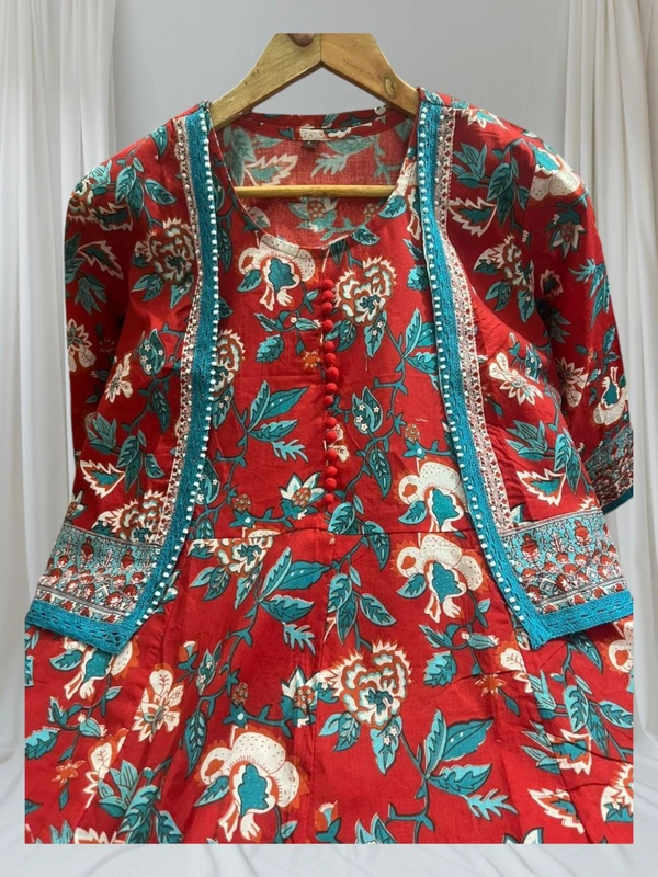 Pooja Creation Trendy Cotton Sleeveless Kurti Set with Jacket, Pant & Dupatta - Red, M