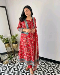 Pooja Creation Trendy Cotton Sleeveless Kurti Set with Jacket, Pant & Dupatta - Red, M