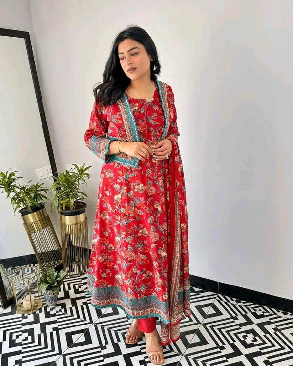 Pooja Creation Trendy Cotton Sleeveless Kurti Set with Jacket, Pant & Dupatta - Red, M