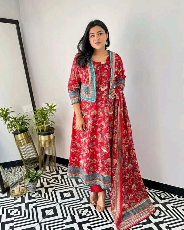 Pooja Creation Trendy Cotton Sleeveless Kurti Set with Jacket, Pant & Dupatta - Red, M