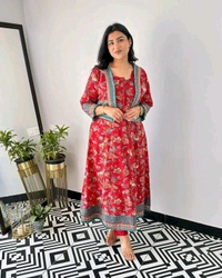 Pooja Creation Trendy Cotton Sleeveless Kurti Set with Jacket, Pant & Dupatta - Red, XXL