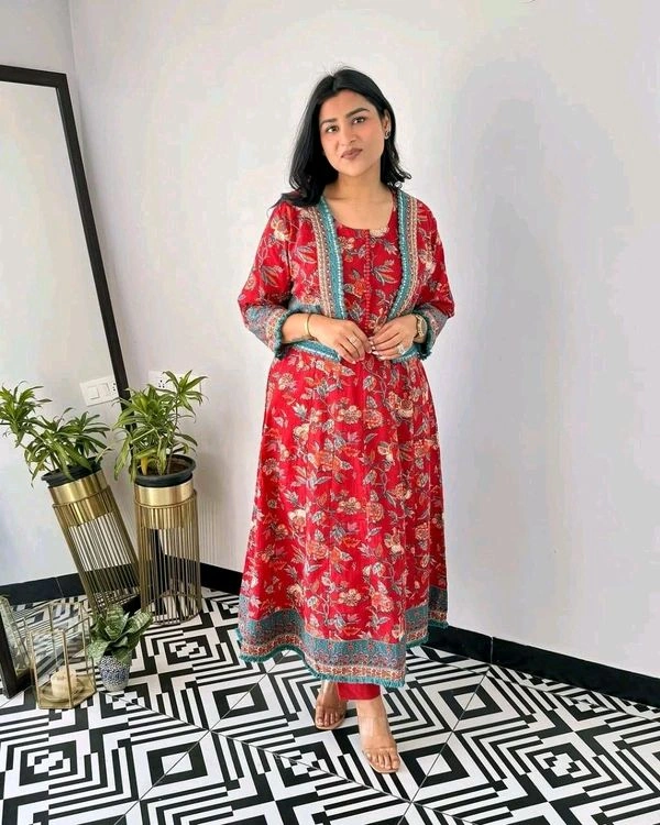 Pooja Creation Trendy Cotton Sleeveless Kurti Set with Jacket, Pant & Dupatta - Red, XXL