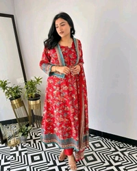 Pooja Creation Trendy Cotton Sleeveless Kurti Set with Jacket, Pant & Dupatta - Red, XXL