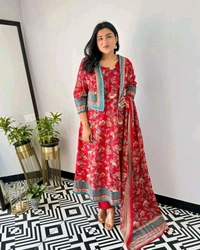 Pooja Creation Trendy Cotton Sleeveless Kurti Set with Jacket, Pant & Dupatta - Red, XXL