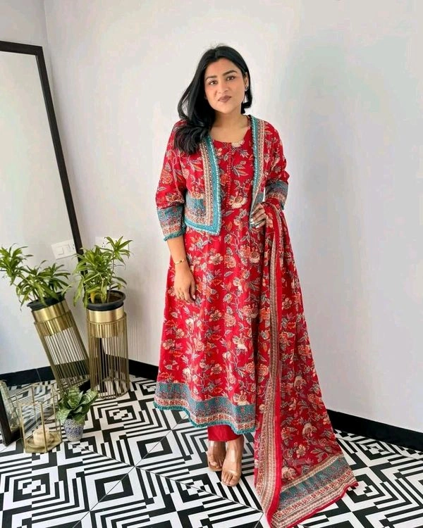 Pooja Creation Trendy Cotton Sleeveless Kurti Set with Jacket, Pant & Dupatta - Red, XXL
