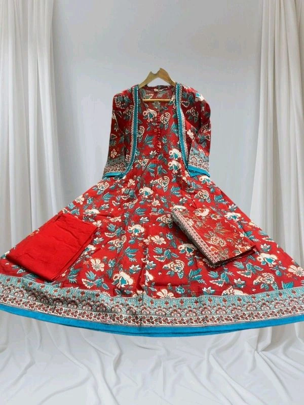 Pooja Creation Trendy Cotton Sleeveless Kurti Set with Jacket, Pant & Dupatta - Red, XXL