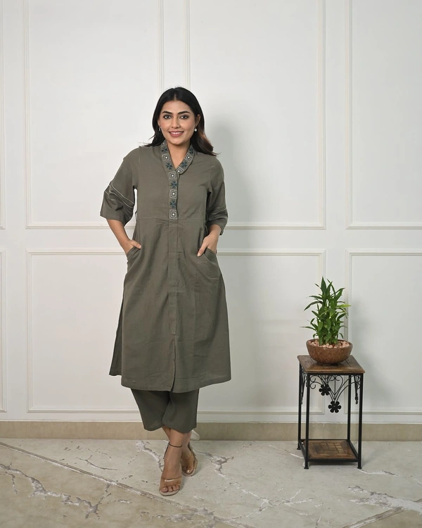 Pooja Creation Grey Cotton Slub Co-Ord Set with Bold Collar Embroidery & Side Pockets - Dove Gray, 42