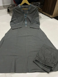 Pooja Creation Grey Cotton Slub Co-Ord Set with Bold Collar Embroidery & Side Pockets - Dove Gray, 42