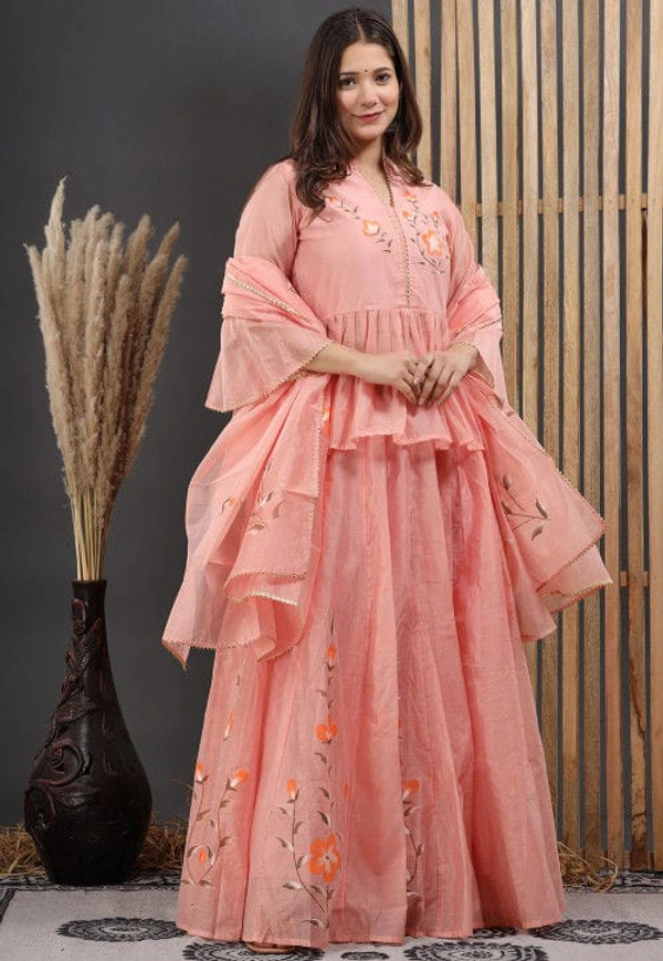 Pooja Creation Peach Hand-Painted Chanderi Lehenga Set with Bell Sleeves & Frill Detailing - California, 42