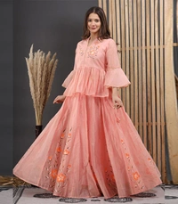 Pooja Creation Peach Hand-Painted Chanderi Lehenga Set with Bell Sleeves & Frill Detailing - California, 42