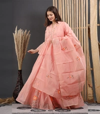 Pooja Creation Peach Hand-Painted Chanderi Lehenga Set with Bell Sleeves & Frill Detailing - California, 42