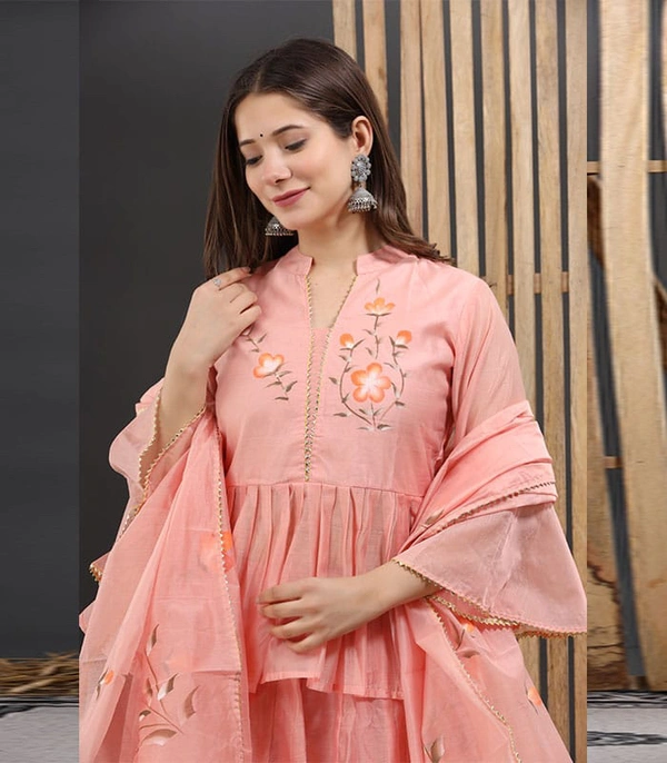 Pooja Creation Peach Hand-Painted Chanderi Lehenga Set with Bell Sleeves & Frill Detailing - California, 42