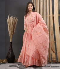 Pooja Creation Peach Hand-Painted Chanderi Lehenga Set with Bell Sleeves & Frill Detailing - California, 42
