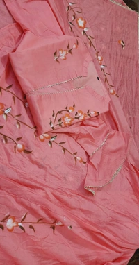 Pooja Creation Peach Hand-Painted Chanderi Lehenga Set with Bell Sleeves & Frill Detailing - California, 42