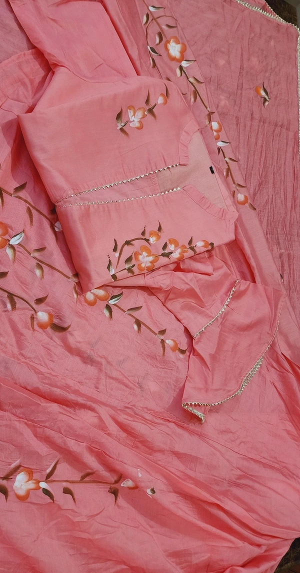 Pooja Creation Peach Hand-Painted Chanderi Lehenga Set with Bell Sleeves & Frill Detailing - California, 42