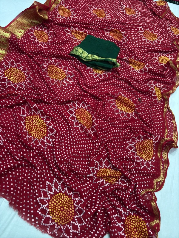 Pooja Creation Premium Pure Goregatte Banarasi Zari Border Saree – With Blouse & Ready to Ship! - Red