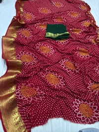 Pooja Creation Premium Pure Goregatte Banarasi Zari Border Saree – With Blouse & Ready to Ship! - Red